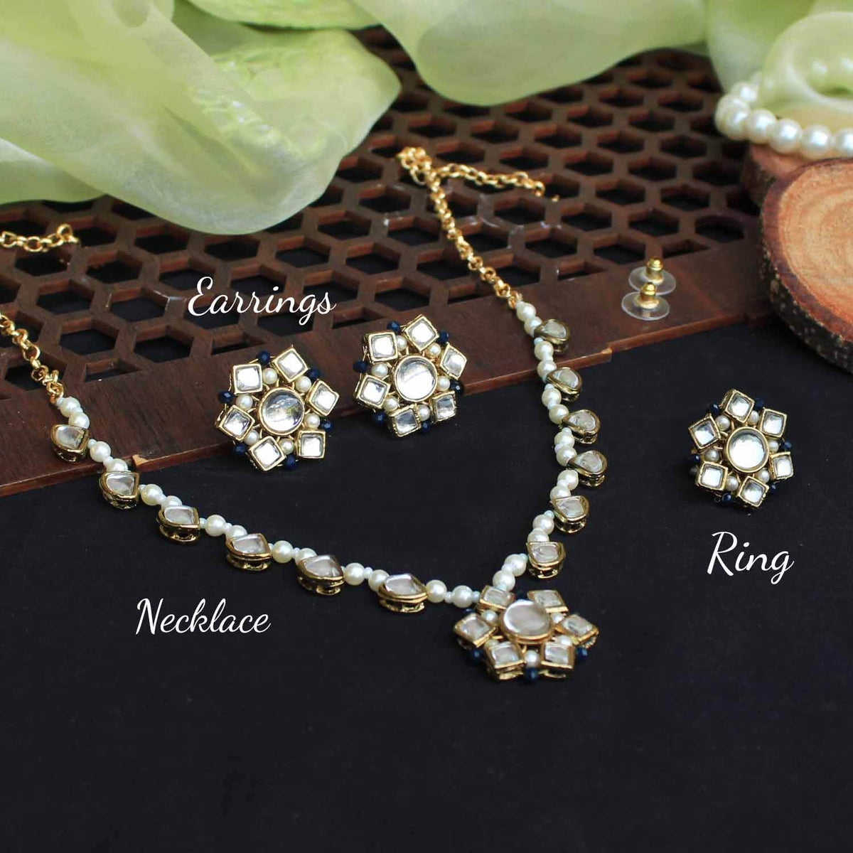 Kundan Blossom Necklace, Ring & Earrings Set - BeAbhika.com