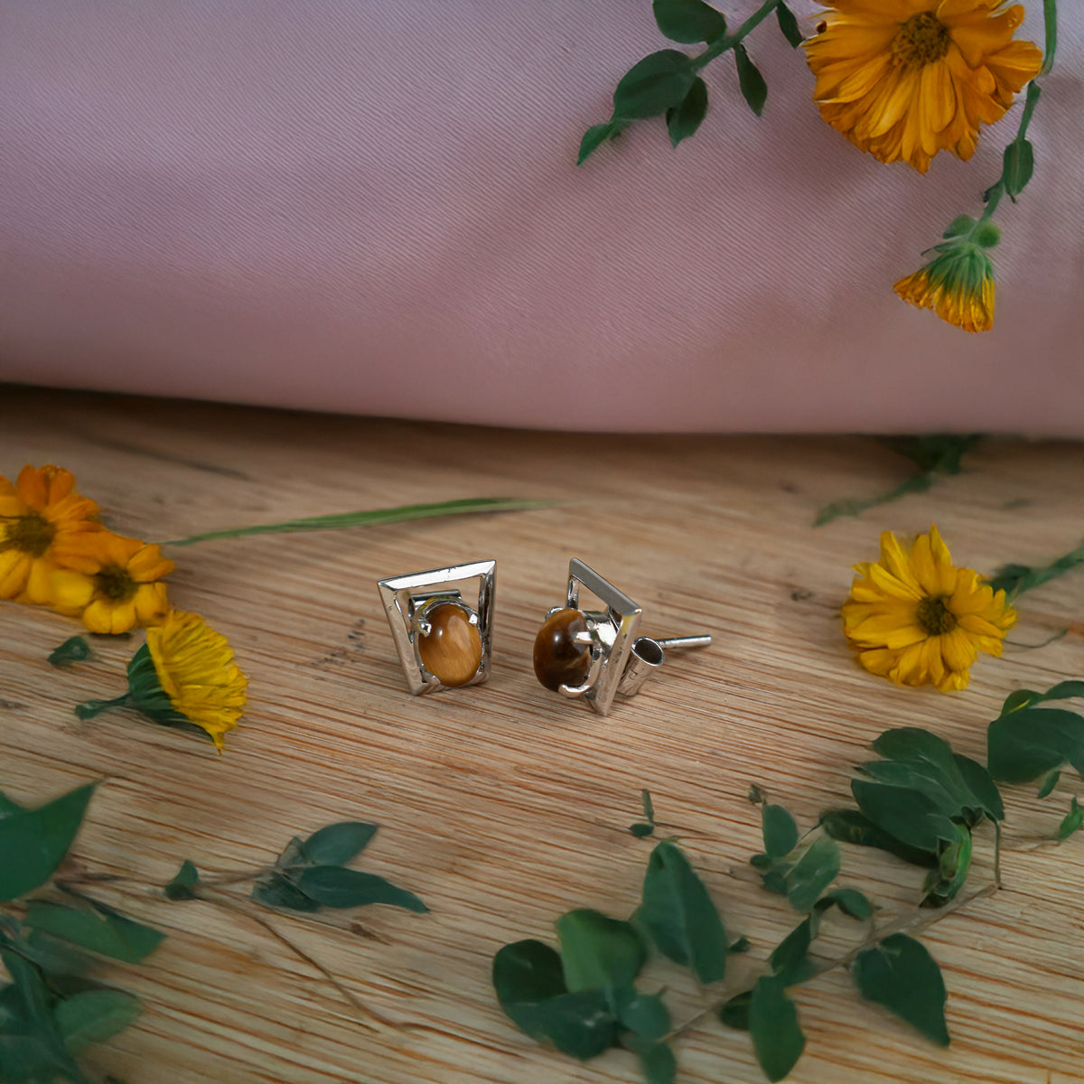 925 Sterling Silver Tiger Eye Eartops for Women | Natural Brown Gemstone Stud Earrings | Rhodium Finish Silver Jewelry