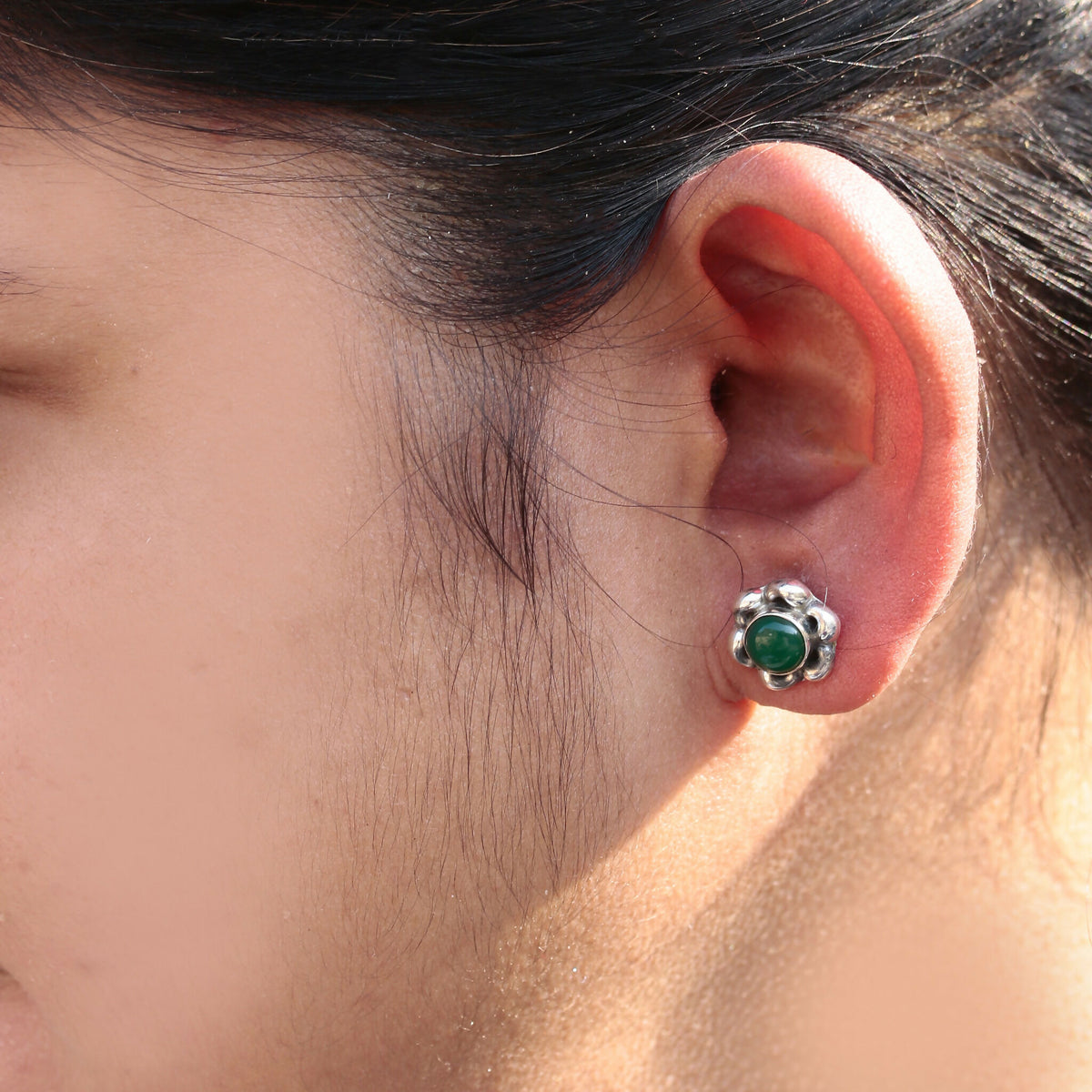 925 Sterling Silver Green Onyx Eartops for Women | Natural Green Gemstone Stud Earrings | Minimalist Silver Jewelry