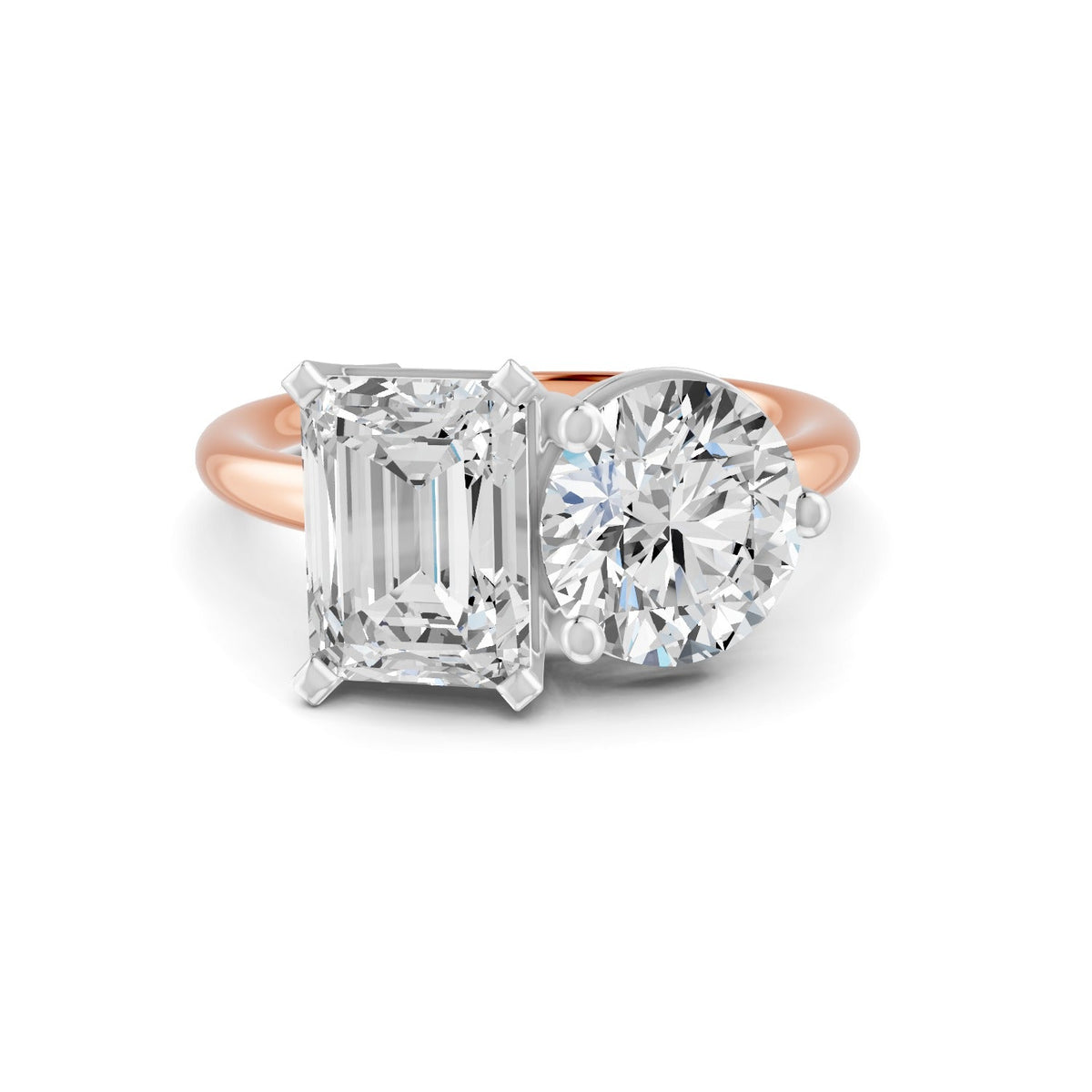 4 Ct Emerald & Round Cut Real Moissanite Toi Et Moi Ring 14K Yellow Gold Plated