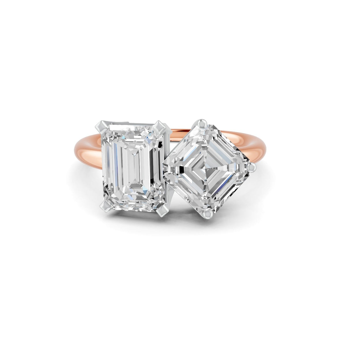 4.17 Ct Emerald & Asscher Cut Real Moissanite Toi Et Moi Ring 14K Yellow Gold Plated