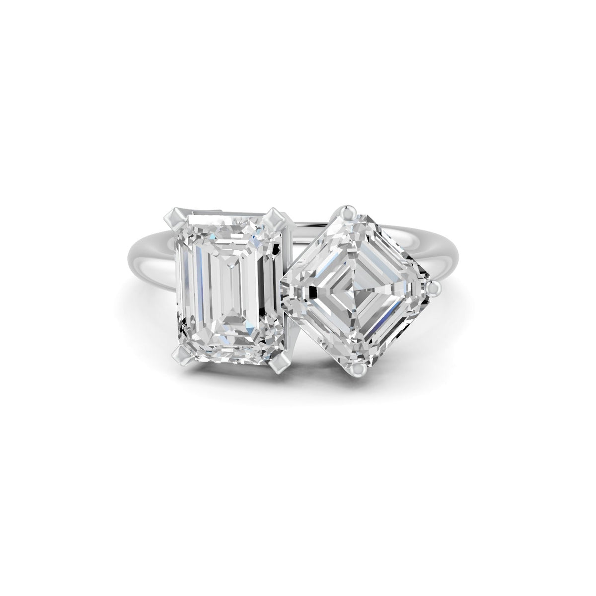 4.17 Ct Emerald & Asscher Cut Real Moissanite Toi Et Moi Ring 14K Yellow Gold Plated
