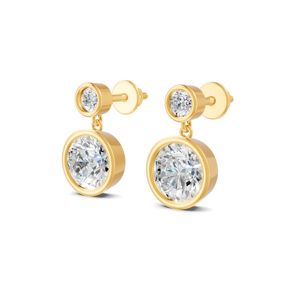 1.83 Ct Round Cut Moissanite Bezel Set Dangle Drop Earrings 14K Yellow Gold Plated