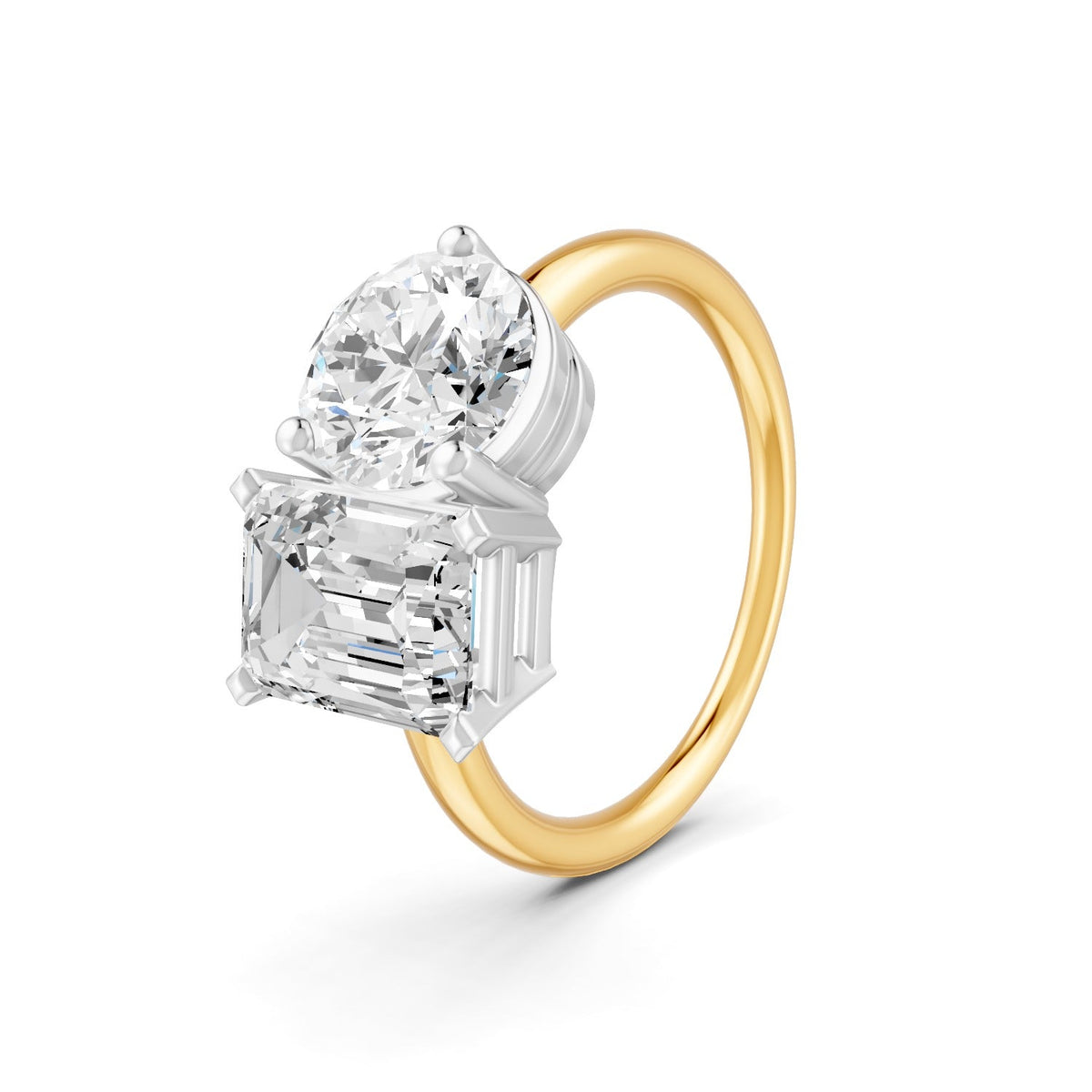4 Ct Emerald & Round Cut Real Moissanite Toi Et Moi Ring 14K Yellow Gold Plated