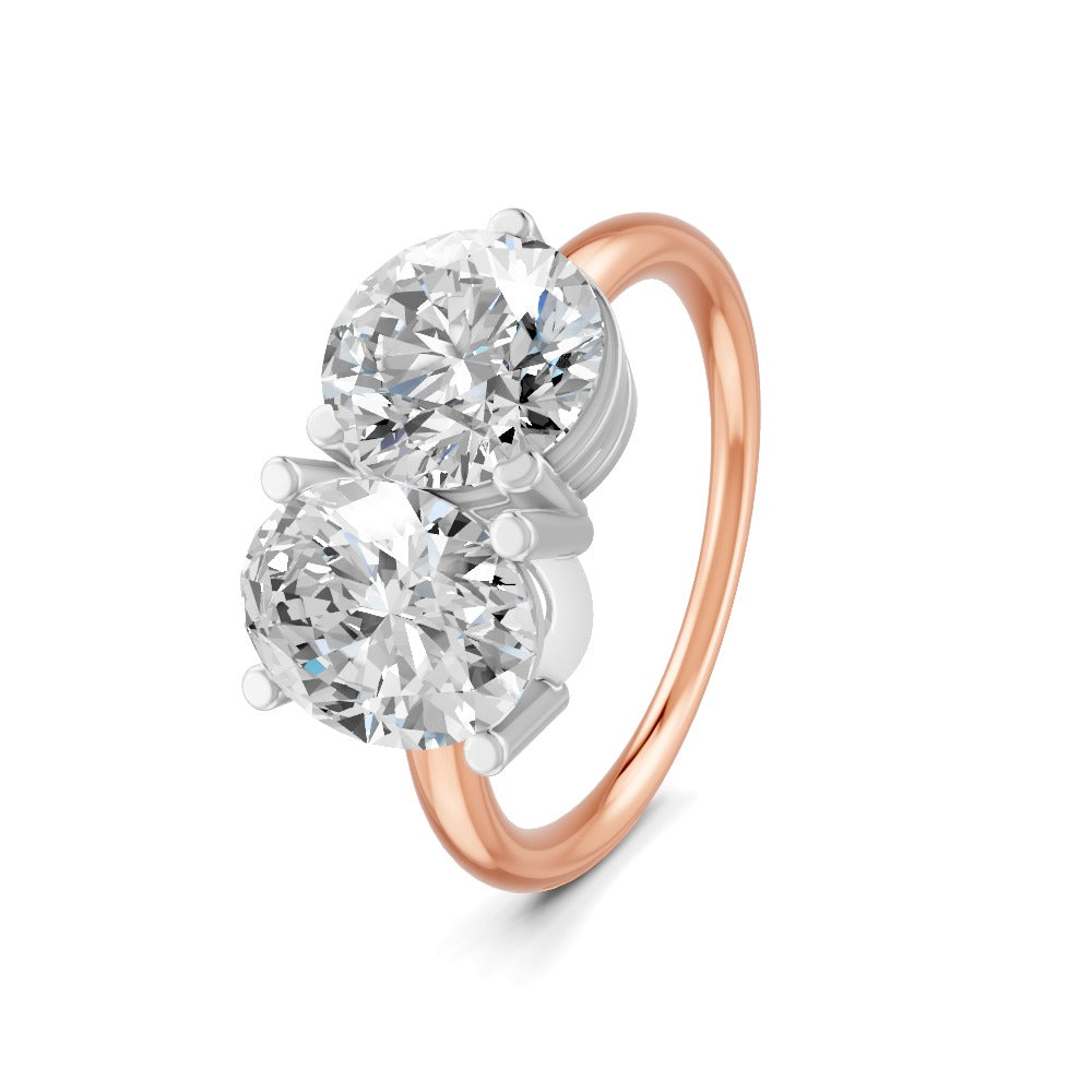 3.32 Ct Oval & Round Cut Real Moissanite Toi Et Moi Ring 14K Yellow Gold Plated