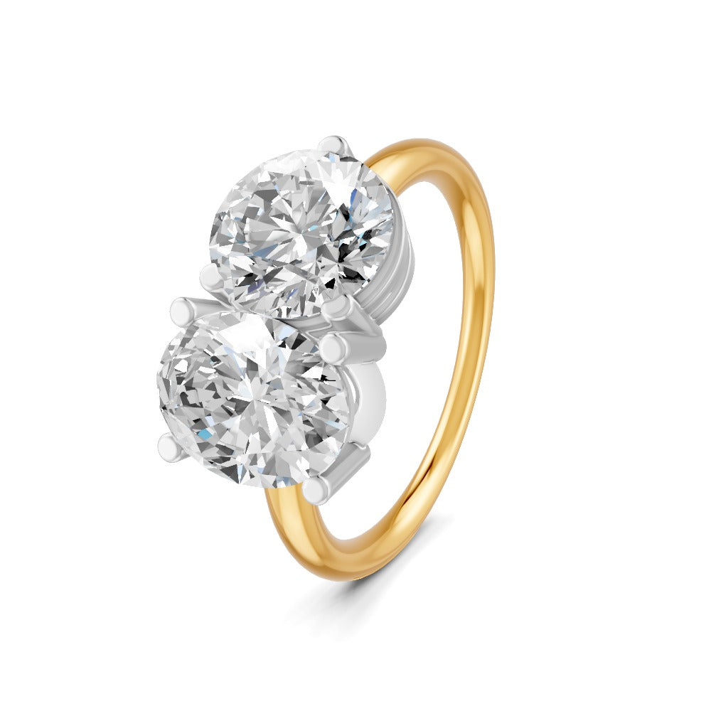 3.32 Ct Oval & Round Cut Real Moissanite Toi Et Moi Ring 14K Yellow Gold Plated