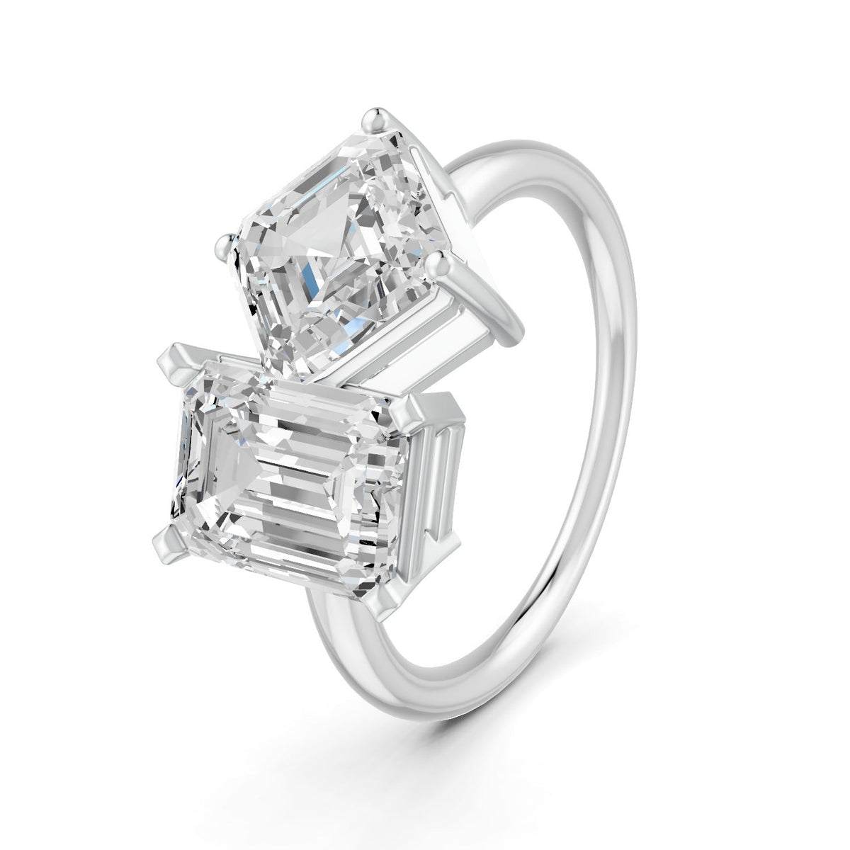 4.17 Ct Emerald & Asscher Cut Real Moissanite Toi Et Moi Ring 14K Yellow Gold Plated