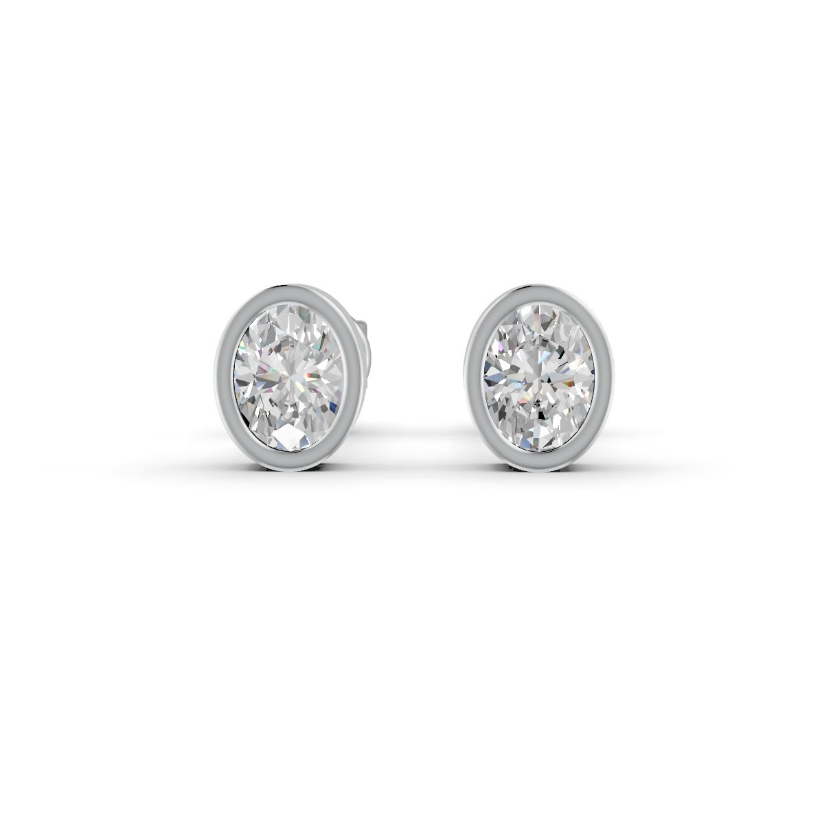 Oval Cut Real Moissanite Bezel Set Solitaire Stud Earrings Screw Back 14K Gold Plated
