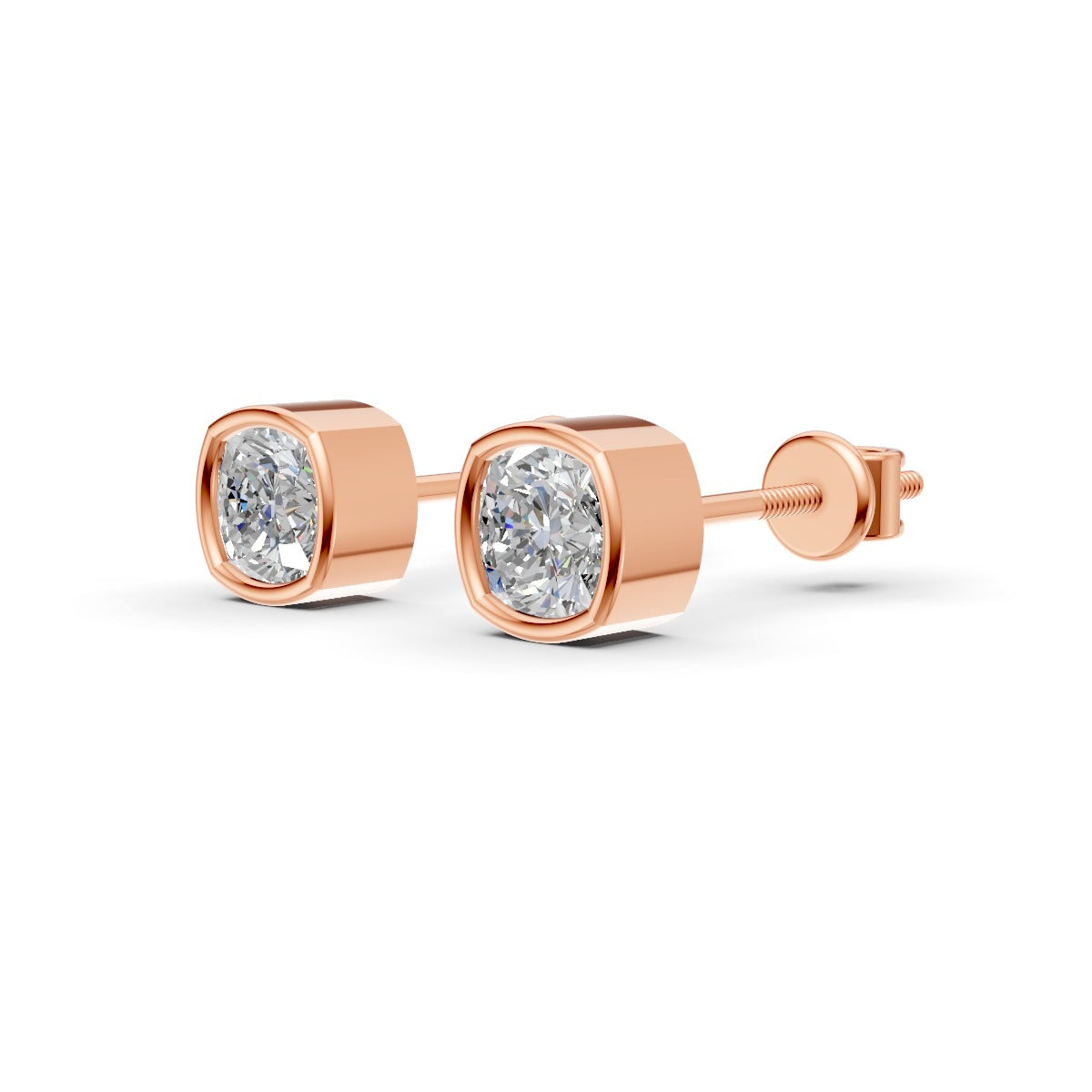 Cushion Cut Real Moissanite Bezel Set Solitaire Stud Earrings Screw Back 14K Gold Plated