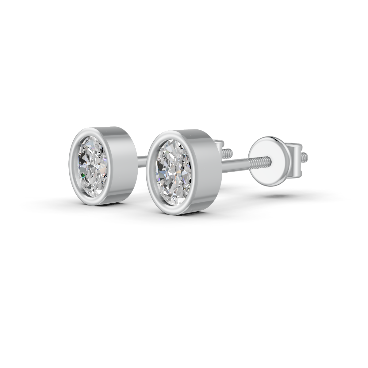 Oval Cut Real Moissanite Bezel Set Solitaire Stud Earrings Screw Back 14K Gold Plated