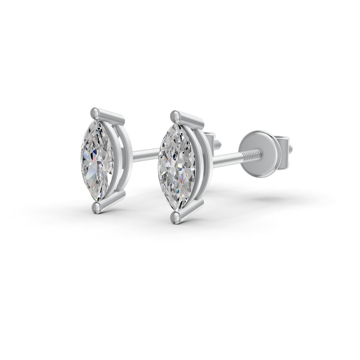 Marquise Cut Real Moissanite 2 Prong Solitaire Stud Earrings Screw Back 14K Gold Plated