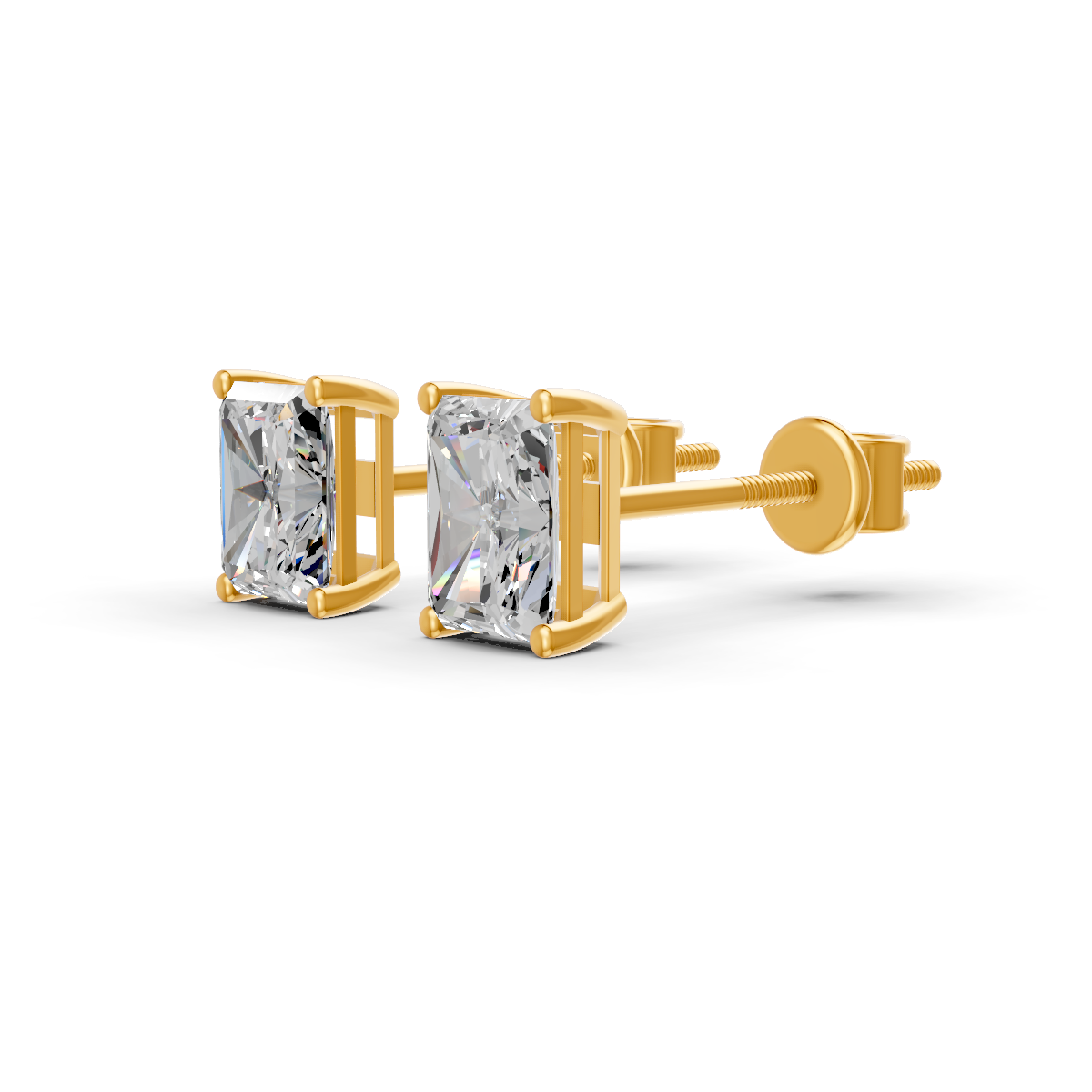 Radiant Cut Real Moissanite 4 Prong Solitaire Stud Earrings Screw Back 14K Gold Plated