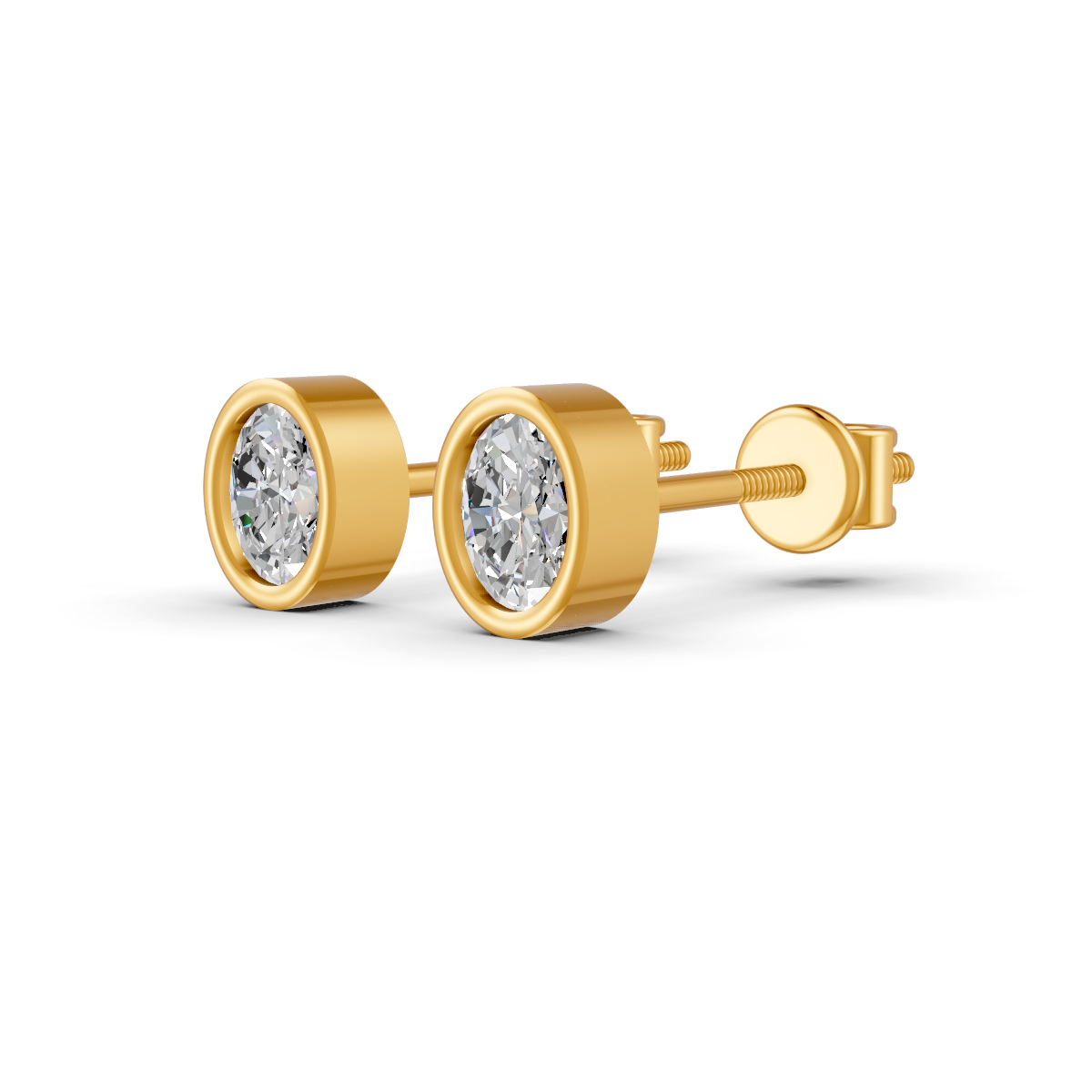 Oval Cut Real Moissanite Bezel Set Solitaire Stud Earrings Screw Back 14K Gold Plated