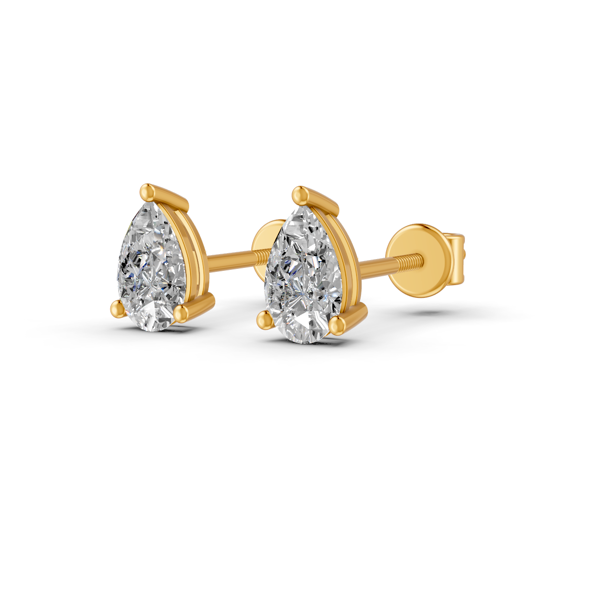 Pear Cut Real Moissanite 3 Prong Solitaire Stud Earrings Screw Back 14K Gold Plated