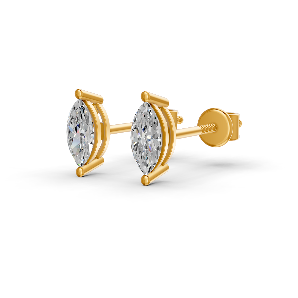 Marquise Cut Real Moissanite 2 Prong Solitaire Stud Earrings Screw Back 14K Gold Plated