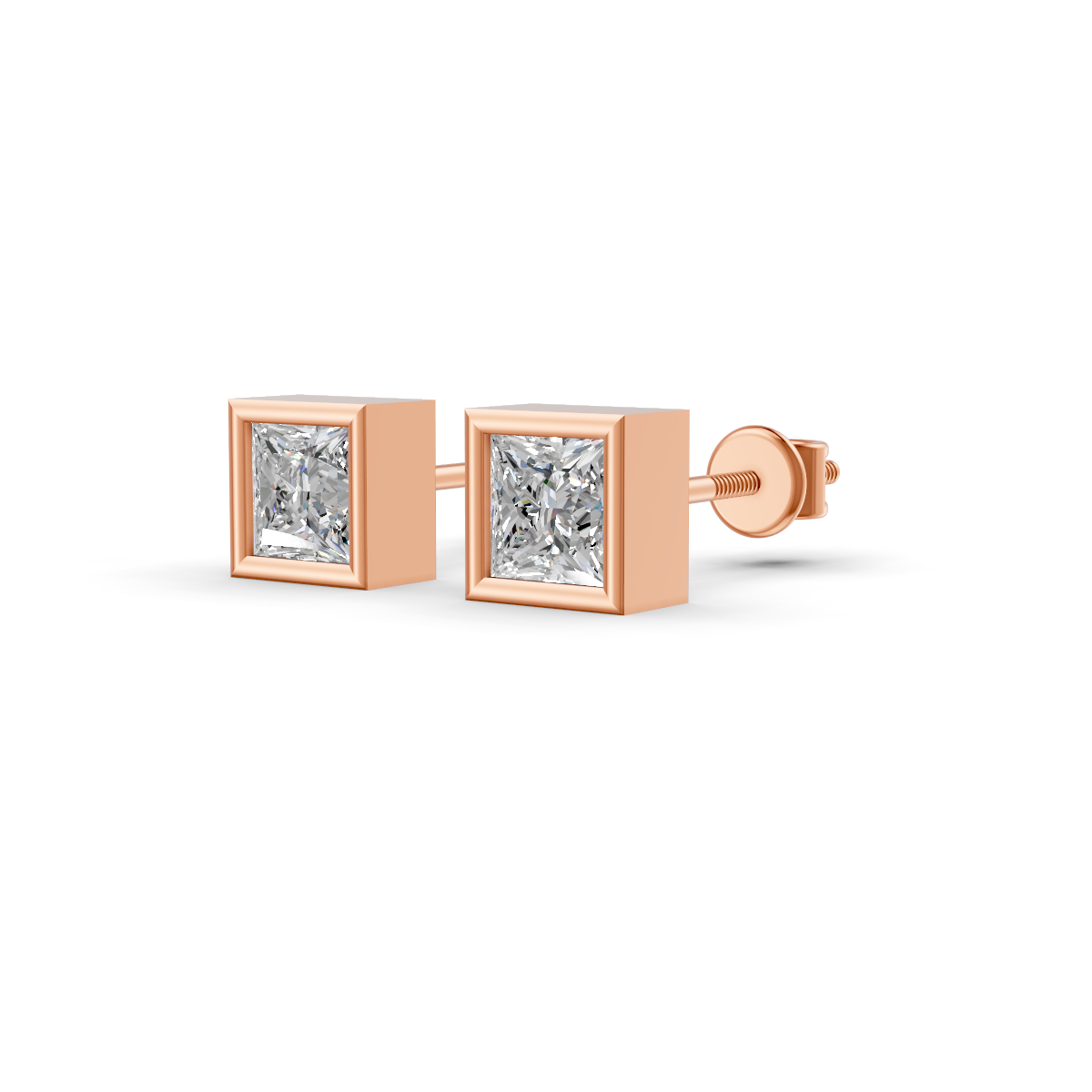 Princess Cut Real Moissanite Bezel Set Solitaire Stud Earrings Screw Back 14K Gold Plated