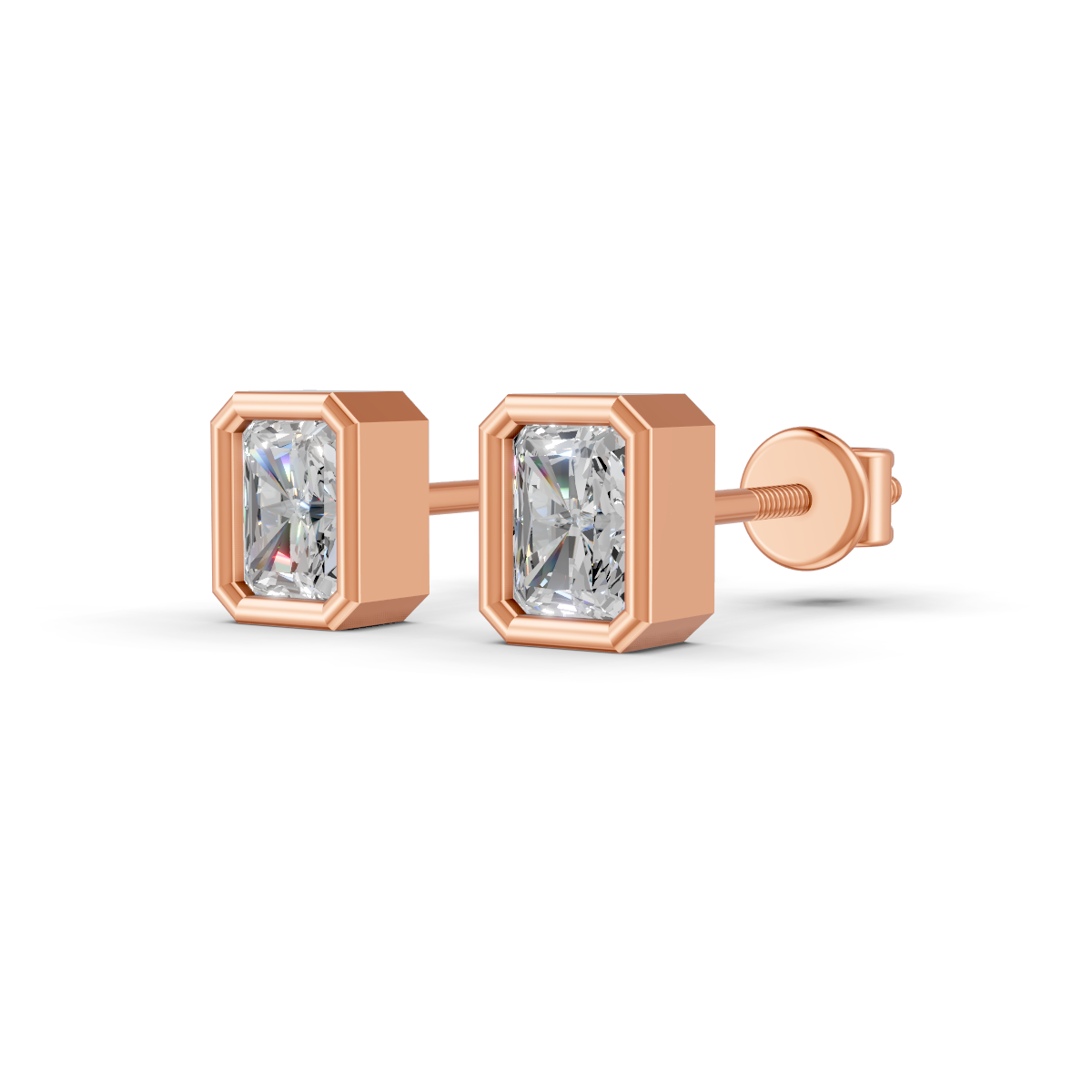 Radiant Cut Real Moissanite Bezel Set Solitaire Stud Earrings Screw Back 14K Gold Plated