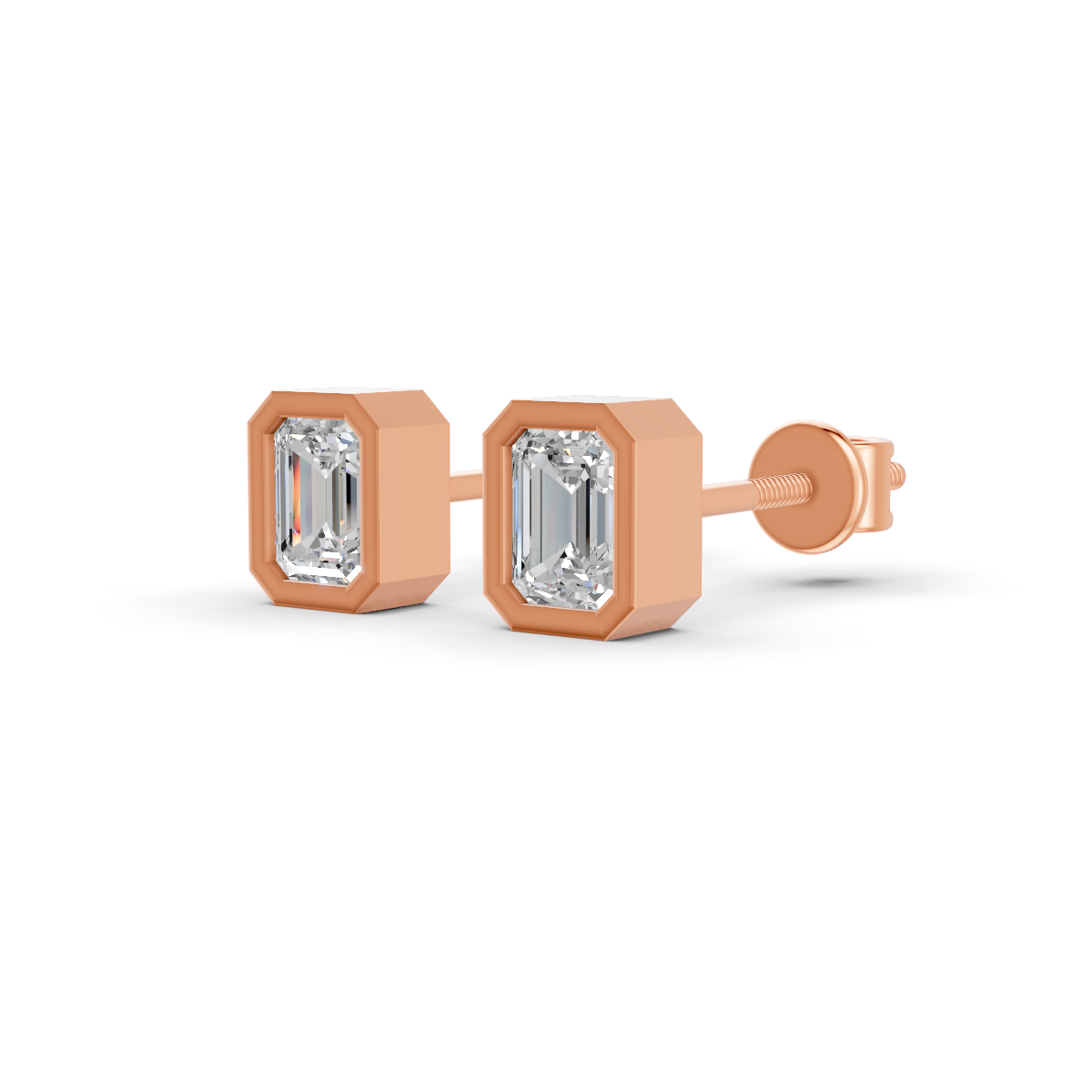 Emerald Cut Real Moissanite Bezel Set Solitaire Stud Earrings Screw Back 14K Gold Plated