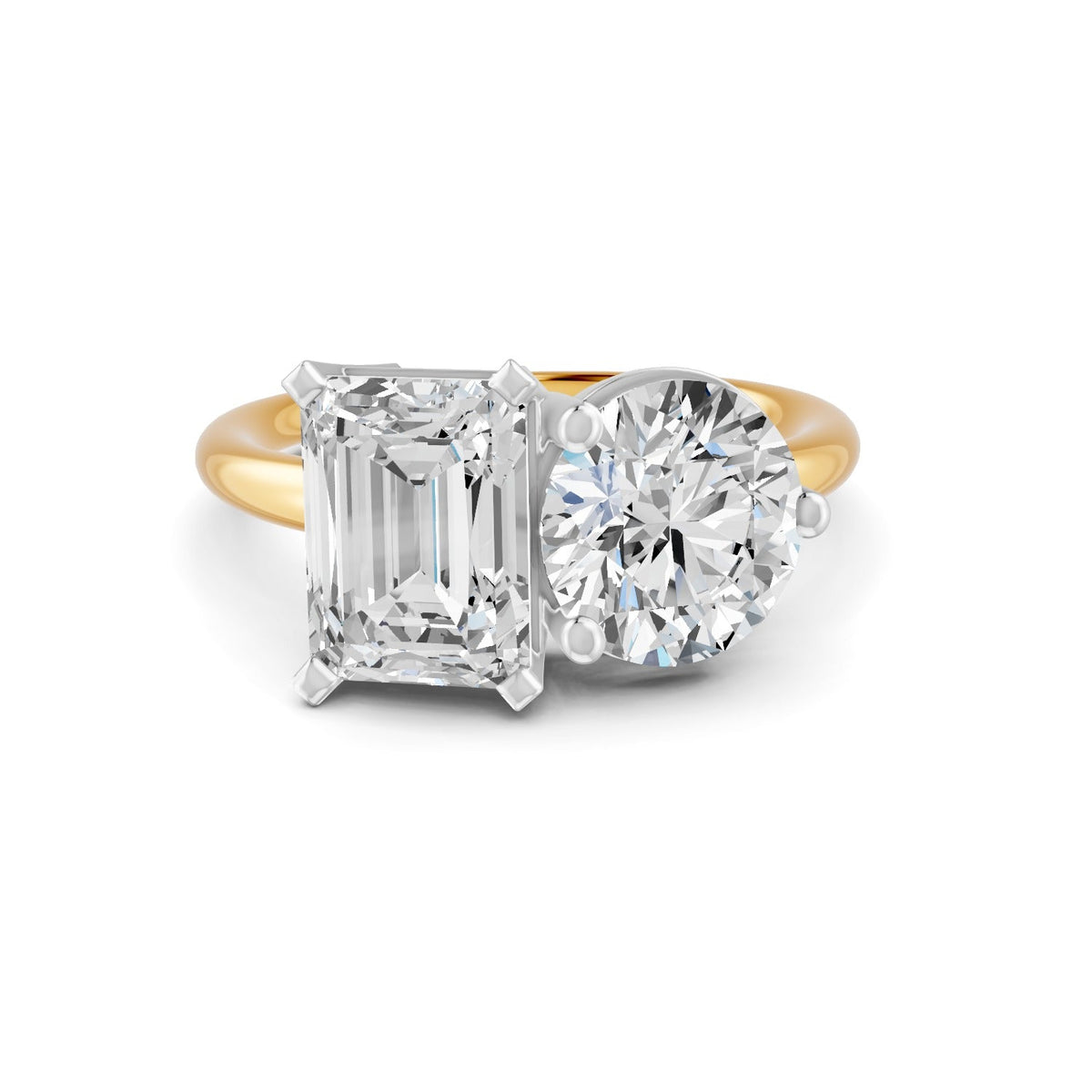 4 Ct Emerald & Round Cut Real Moissanite Toi Et Moi Ring 14K Yellow Gold Plated