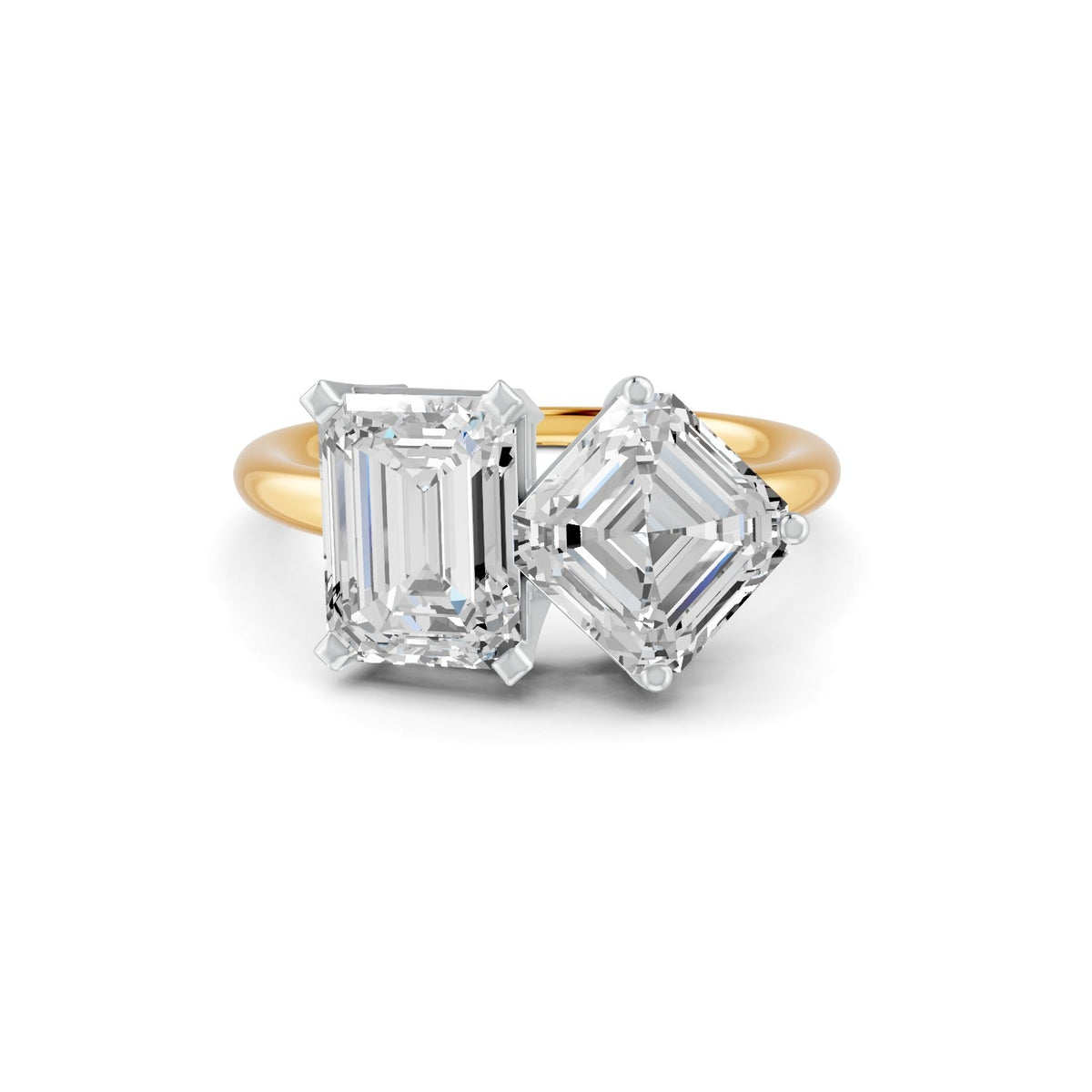 4.17 Ct Emerald & Asscher Cut Real Moissanite Toi Et Moi Ring 14K Yellow Gold Plated