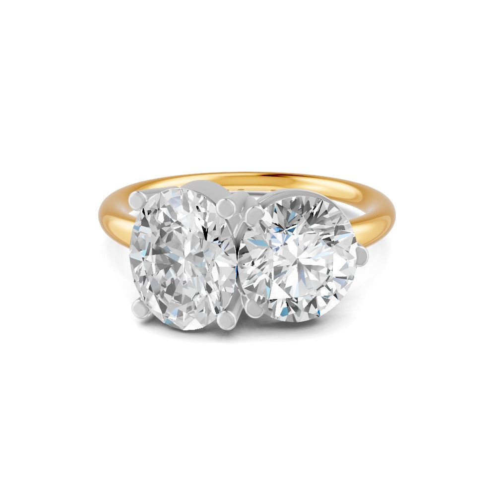 3.32 Ct Oval & Round Cut Real Moissanite Toi Et Moi Ring 14K Yellow Gold Plated