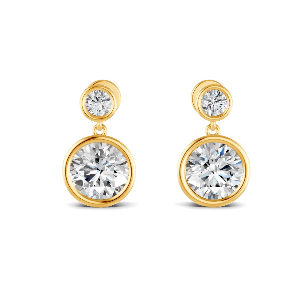 1.83 Ct Round Cut Moissanite Bezel Set Dangle Drop Earrings 14K Yellow Gold Plated
