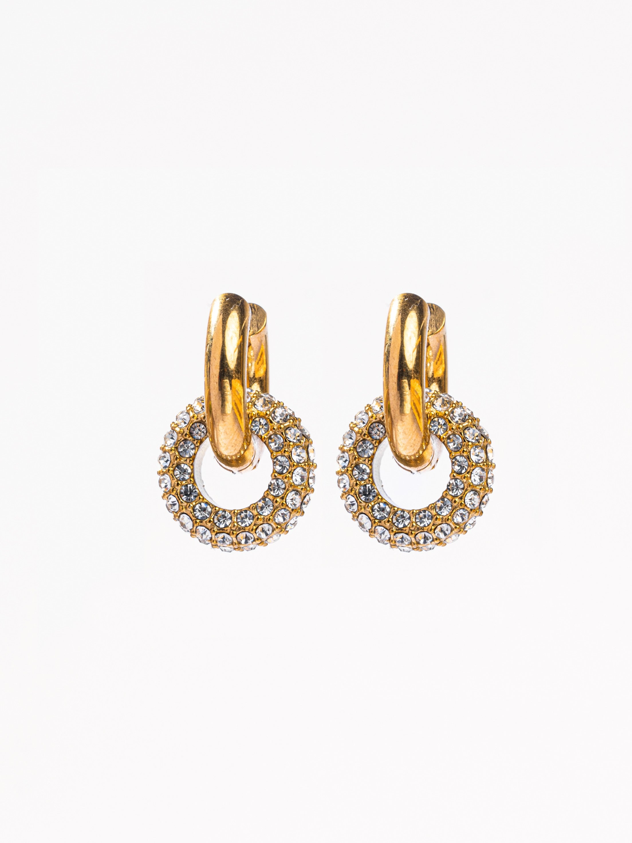 18k gold-plated huggie hoop earrings with detachable white stone sparkle charm �? anti-tarnish, waterproof.