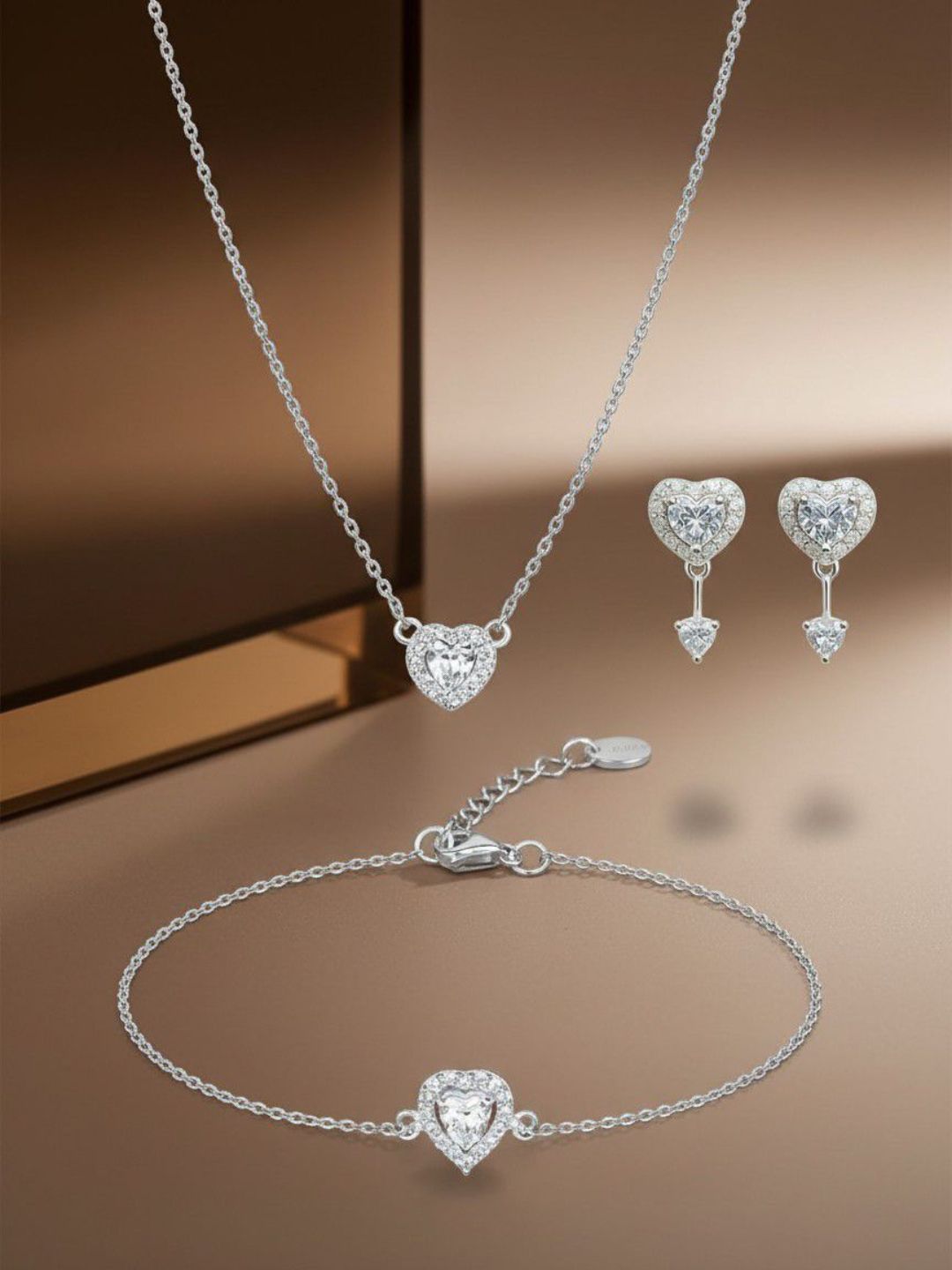 Heart Pendant Necklace, Heart Bracelet & Heart Drop Earrings Set