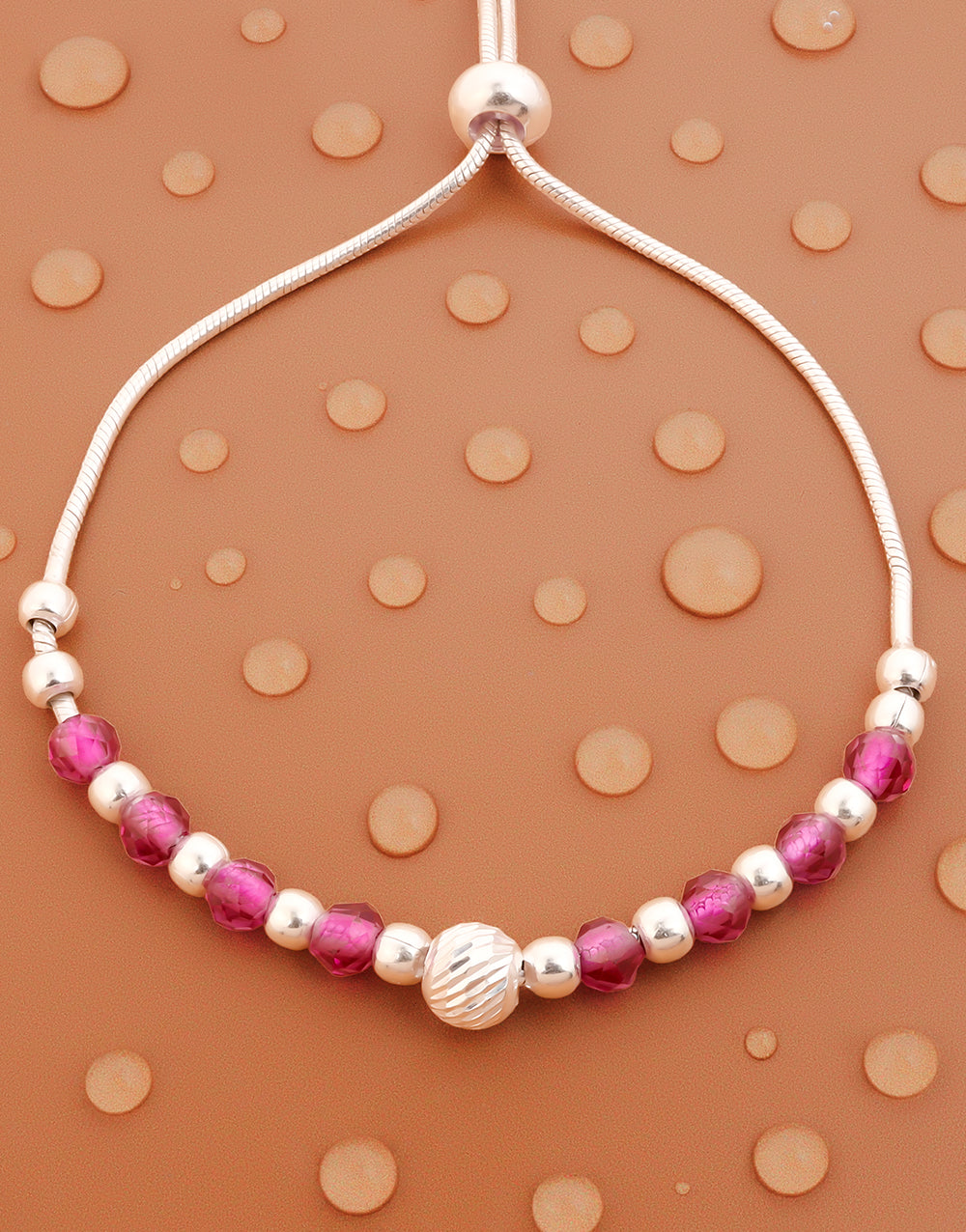 Sterling Silver Adjustable Anklet with Pink Crystal Beads & Centerpiece Charm