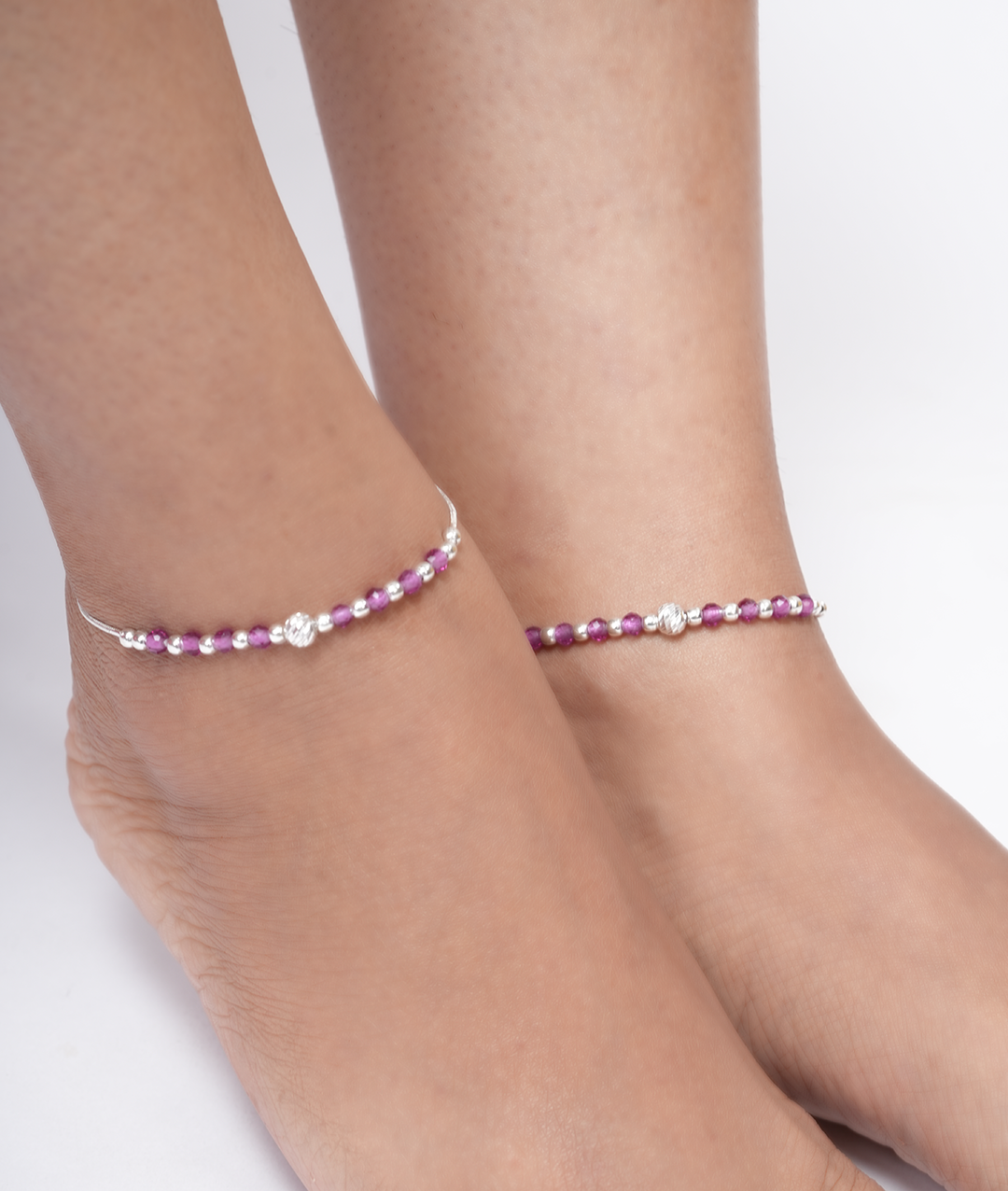 Sterling Silver Adjustable Anklet with Pink Crystal Beads & Centerpiece Charm