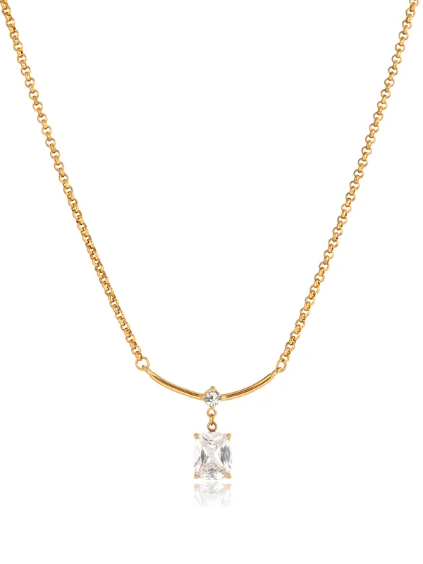 Close-up of stone drop pendant necklace �? 18k gold-plated elegant stone drop pendant for evening and gifting.