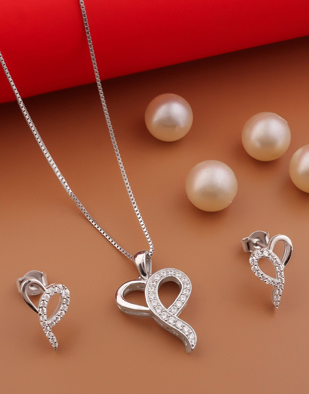 Stylish Abstract Love Shape CZ Stone Pendant with Matching Earrings