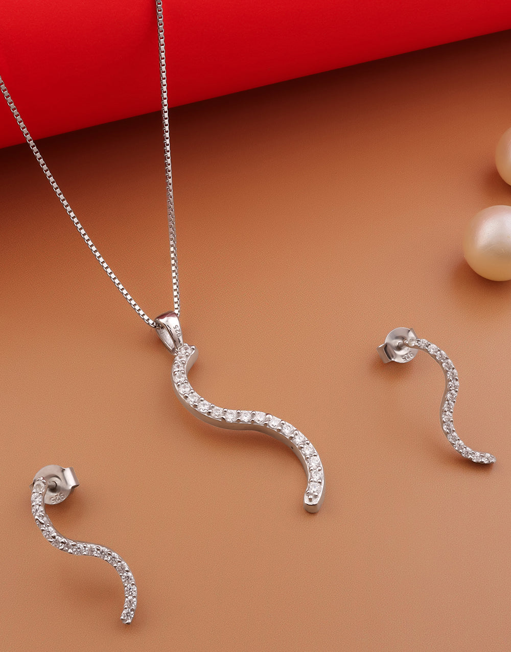 Stylish Alphabet S Design CZ Stone Pendant & Earrings Jewellery Set