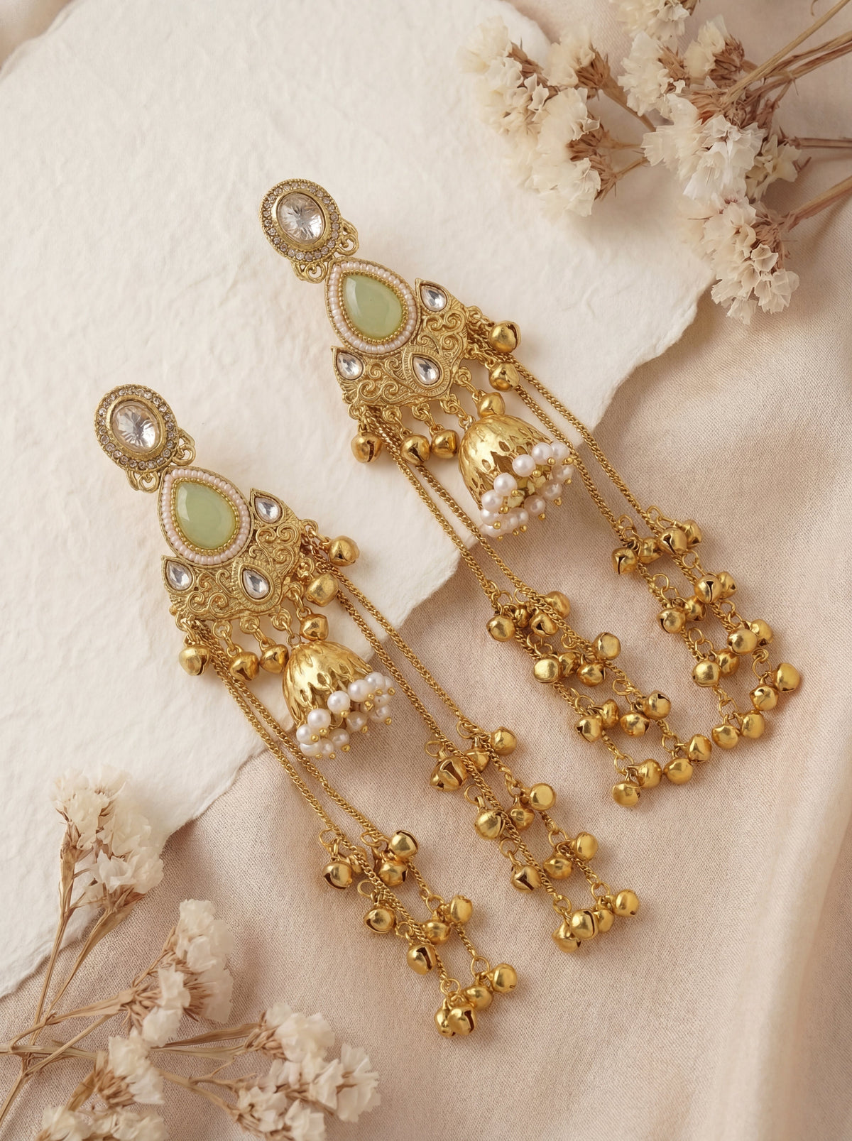 Kashmiri Jhumka Light Green Stone Earrings for Women with very long Chains