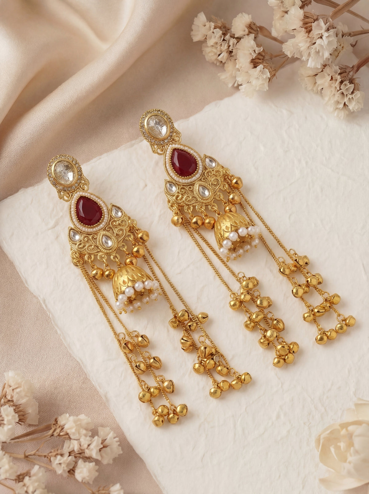 Kashmiri Jhumka Red Stone  Earrings for Women with very long Chains