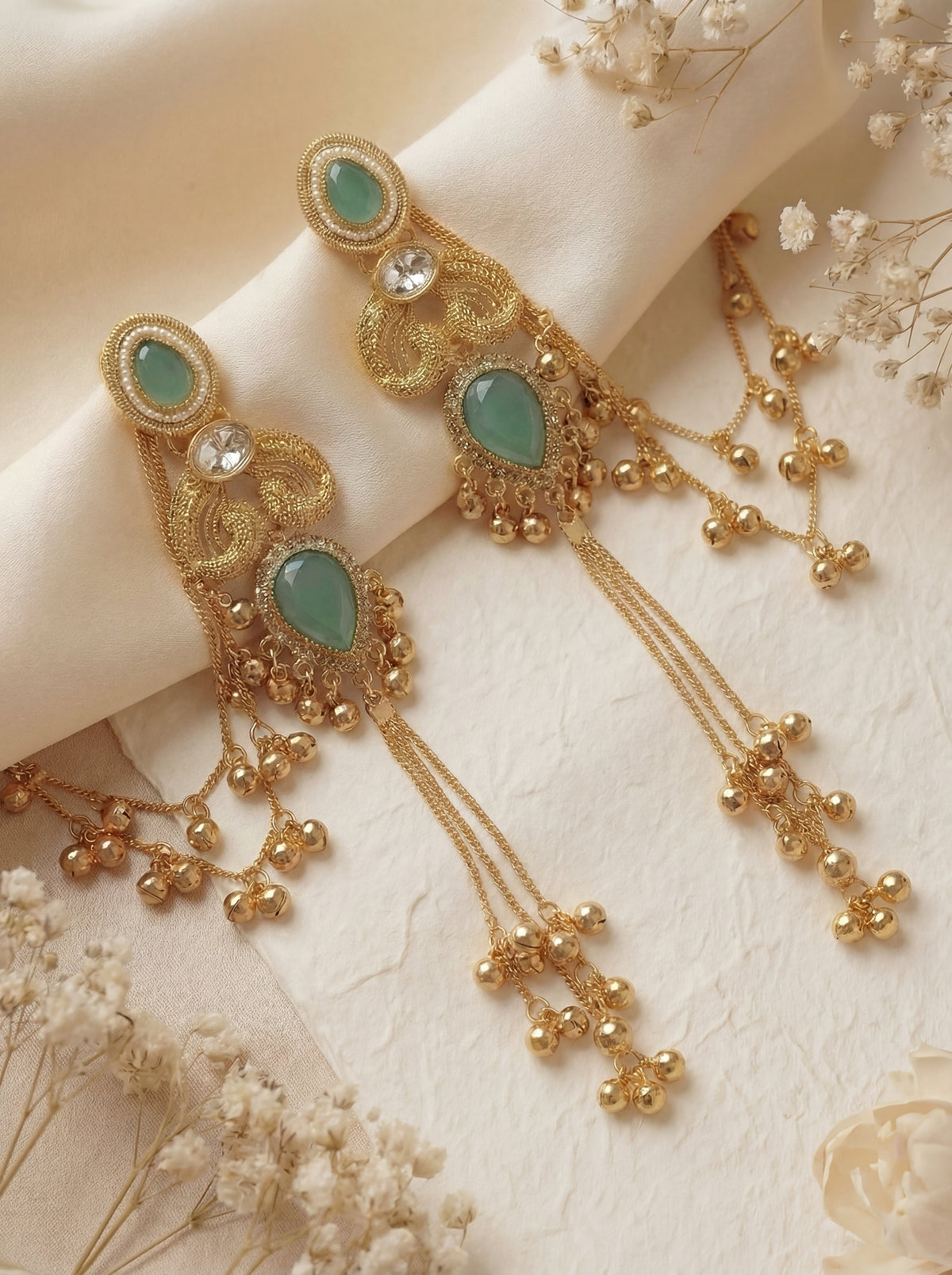 Sea Green Stone Golden Tone Trendy Long Kashmiri Earrings With Sahara Chain for Girls and Women