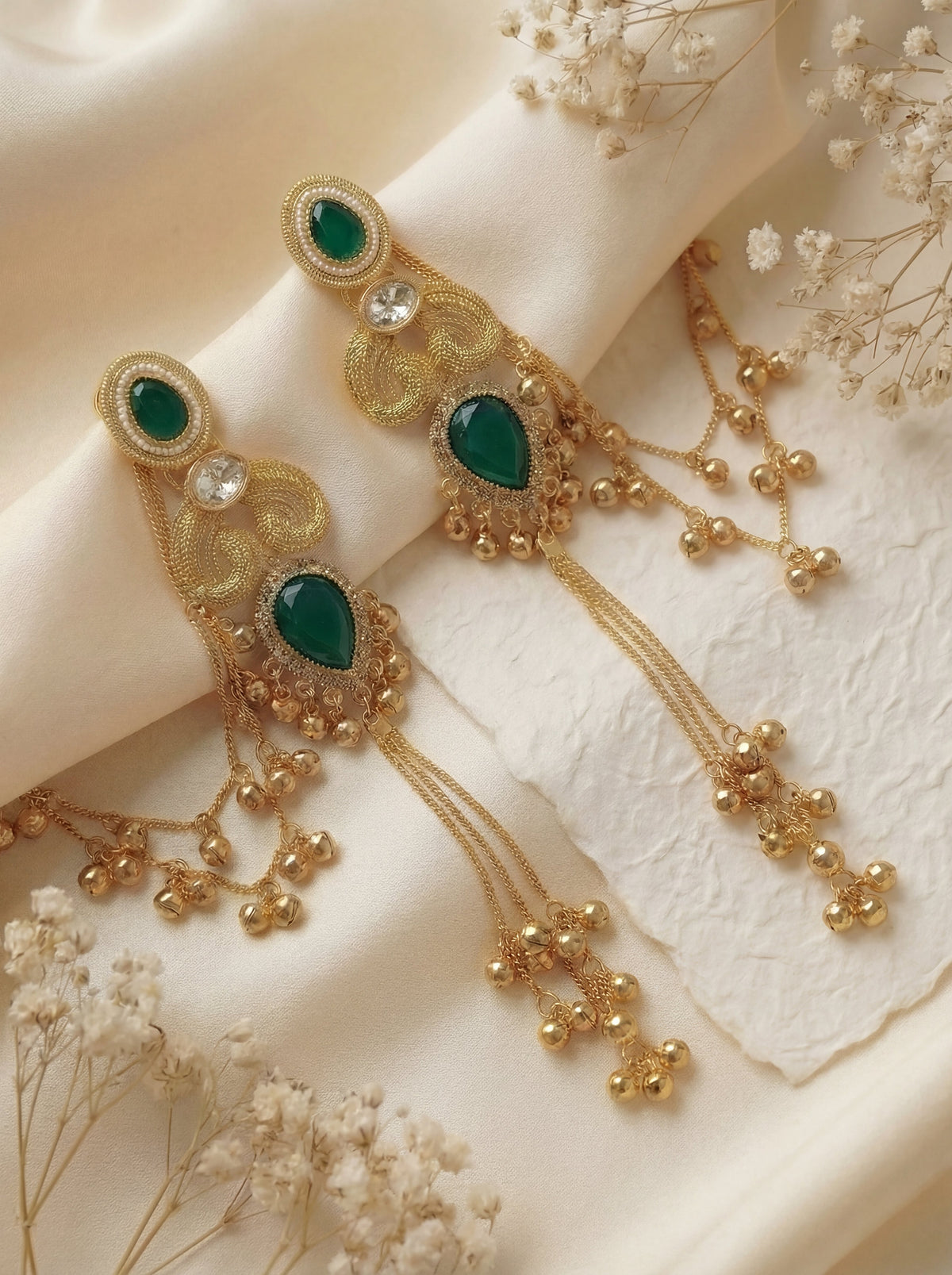 Green Stone Golden Tone Trendy Long Kashmiri Earrings With Sahara Chain for Girls and Women