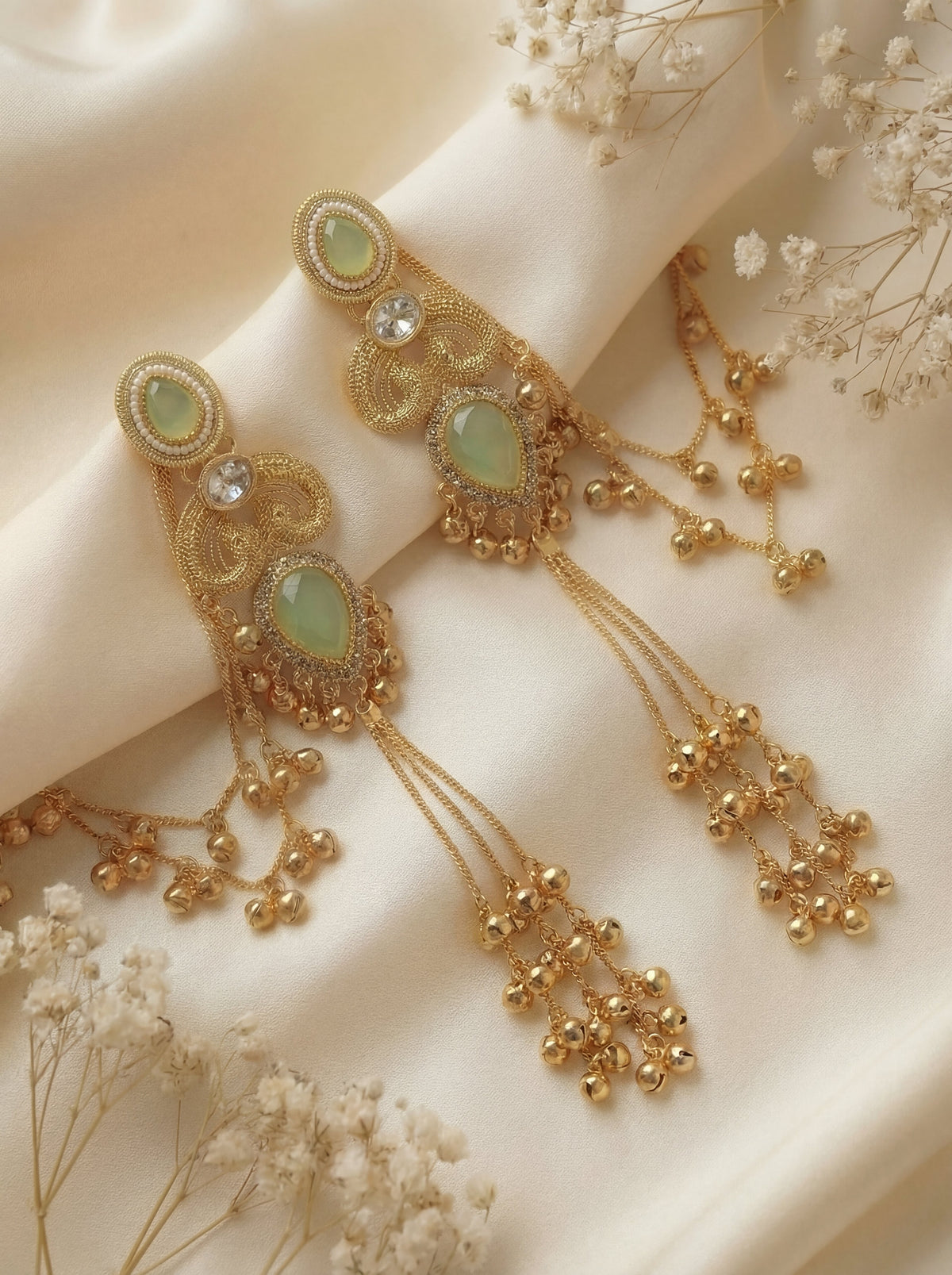 Light Green Stone Golden Tone Trendy Long Kashmiri Earrings With Sahara Chain for Girls and Women