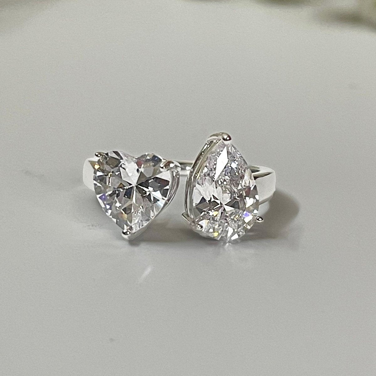 Toi et Moi Heart & Pear Cut CZ Solitaire 925 Sterling Silver Ring - iAMORY
