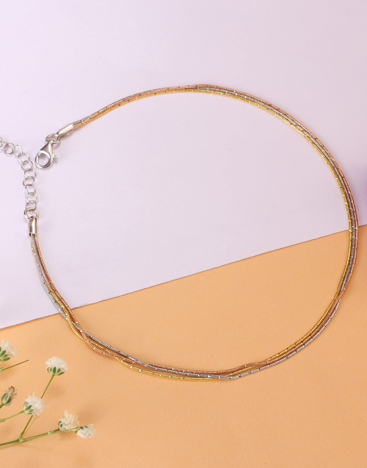 three-tone layered sterling silver anklet for women