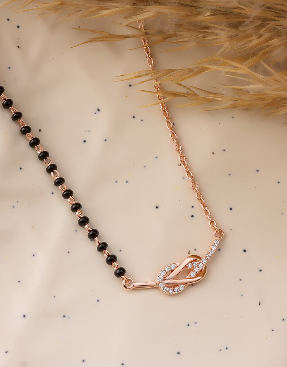 Twisted-shaped minimal Rose Gold Bar Mangalsutra with Black Beads Chain