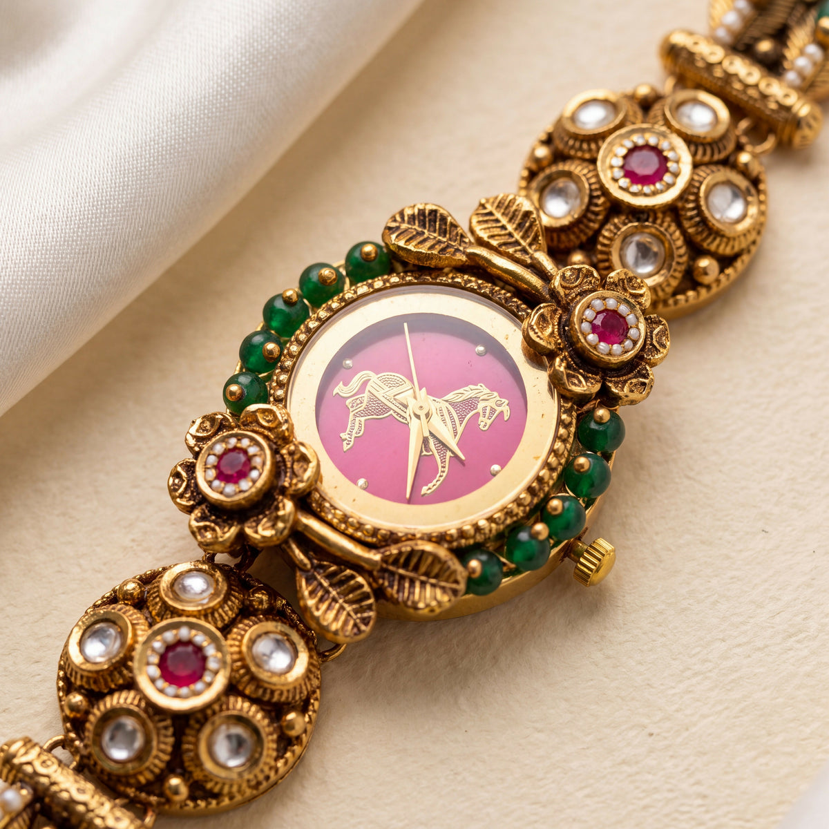 Antique Gold Pink Dial Horse Motif Floral Kundan Bracelet Watch for Women & Girls | Stylish Watch | Wrist Watches for Girls | Ideal for gifting | Gift for Diwali, Christmas, Marriage, Birthday, anniversary, wedding