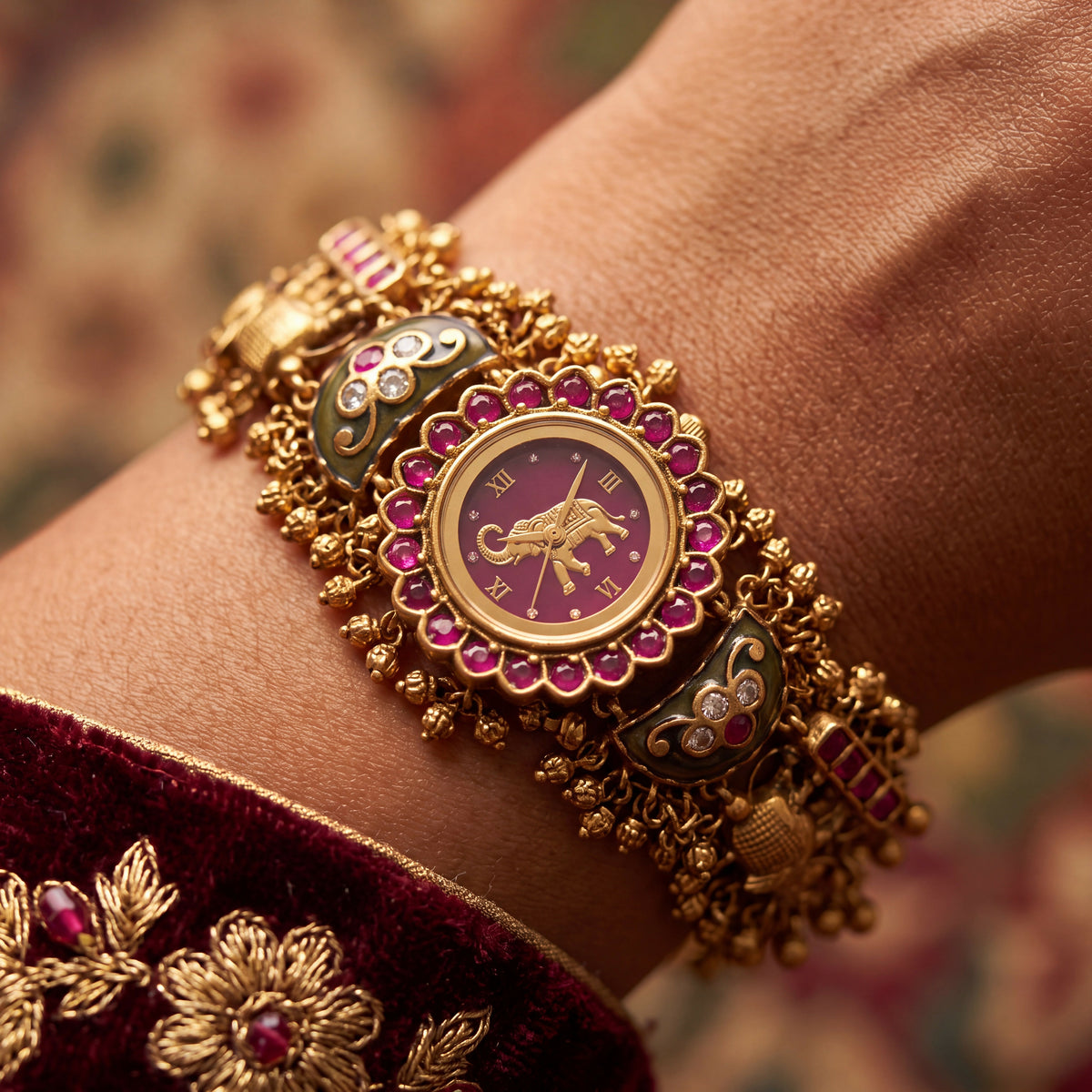 Antique Gold Maroon Dial Elephant Motif Ruby Petal Meenakari Bracelet Watch for Women & Girls | Stylish Watch | Wrist Watches for Girls | Ideal for gifting | Gift for Diwali, Christmas, Marriage, Birthday, anniversary, wedding