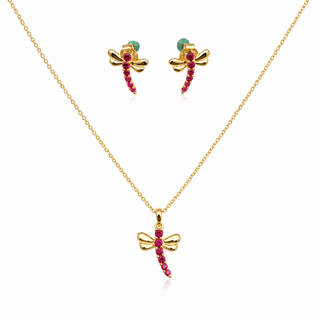 Ruby Dragonfly Gold Plated 925 Sterling Silver Jewellery Set