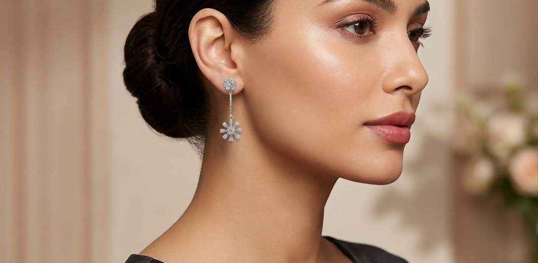 92.5 Silver Flower Long Earrings