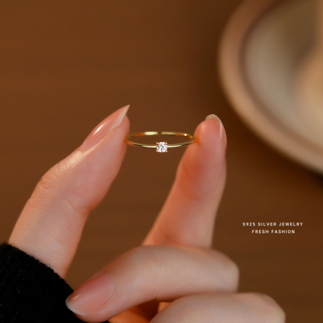 925 Sterling Silver Gold Plated Dainty Solitaire Ring I Adjustable Silver Rings For Women & Girls (Adjustable)