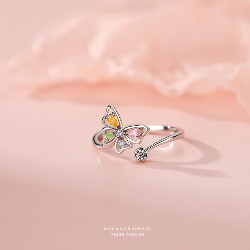 925 Sterling Silver Multicolor Cz Butterfly Adjustable Ring For Women & Girls I Butterfly Ring (Adjustable)
