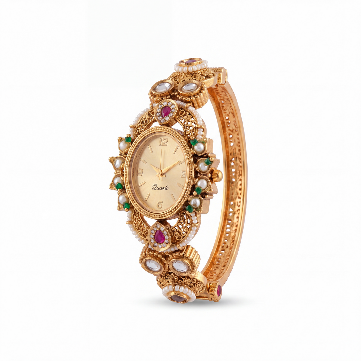 Antique Gold Ruby Emerald Kundan Oval Dial Bracelet Watch for Women & Girls | Stylish Watch | Wrist Watches for Girls | Ideal for gifting | Gift for Diwali, Christmas, Marriage, Birthday, anniversary, wedding