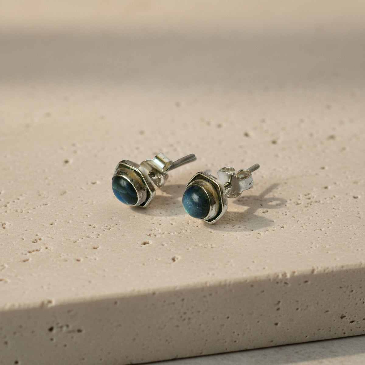 925 Sterling Silver Labradorite Eartops for Women | Natural Blue Gemstone Stud Earrings | High Polish Daily Wear Silver Jewelry