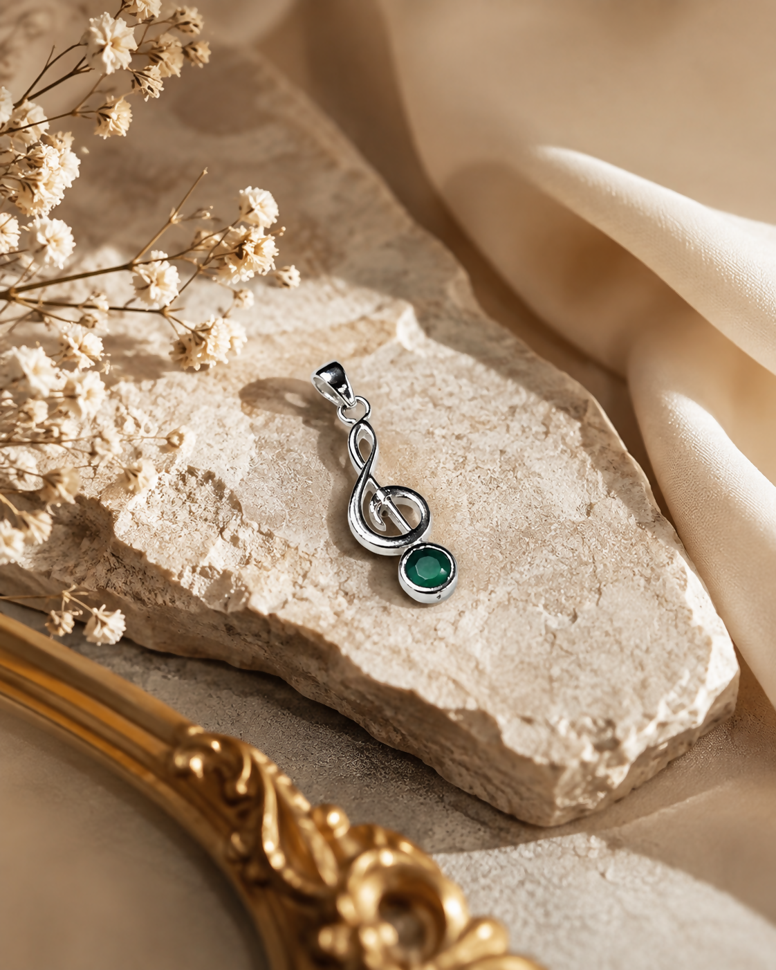 Natural Green Onyx Pendant | 925 Sterling Silver | Treble Clef Pendant